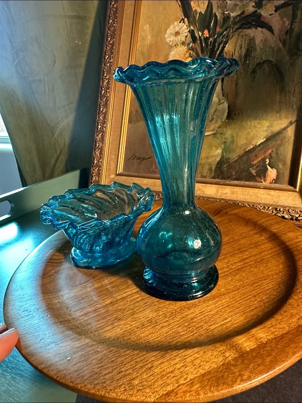 Two piece blue glass blown . Vase and salt cellar .
